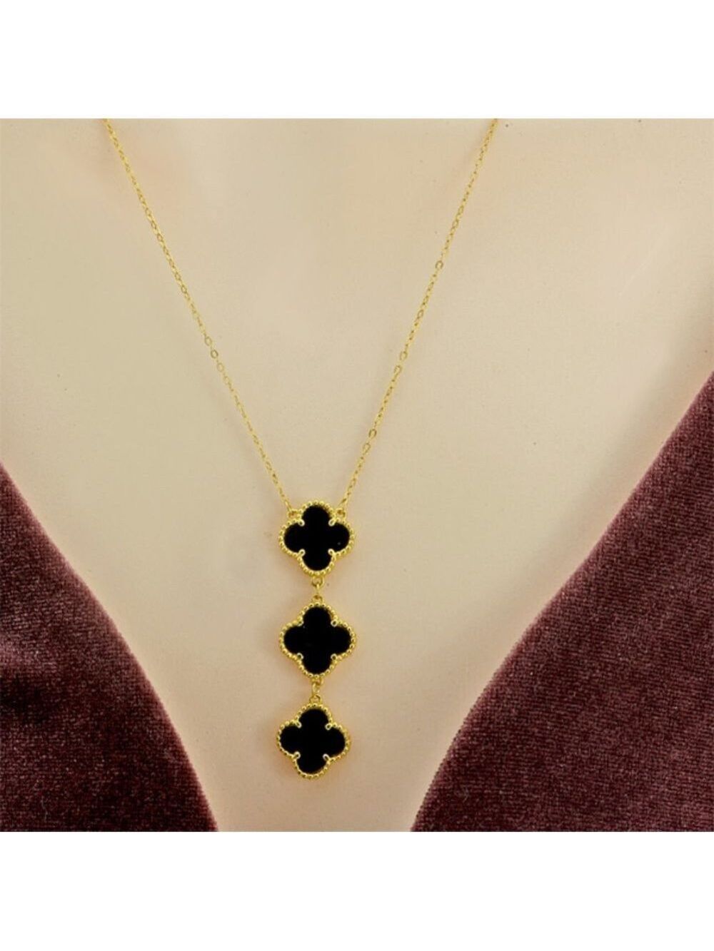 18k GP Sterling Silver Onyx 3 Clover Necklace